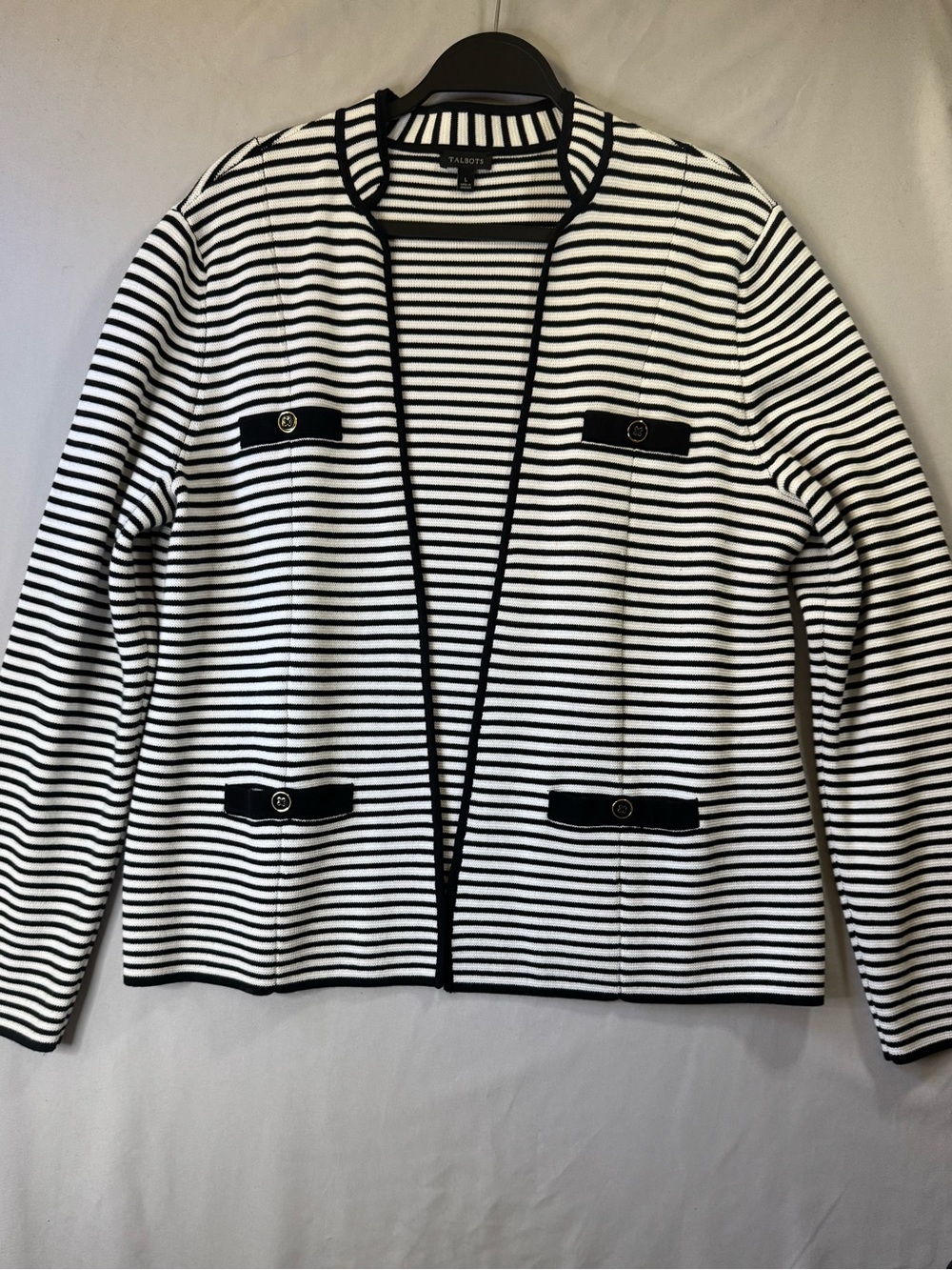 Talbots Black & White Striped Open-Front Knit Jacket, Sz L